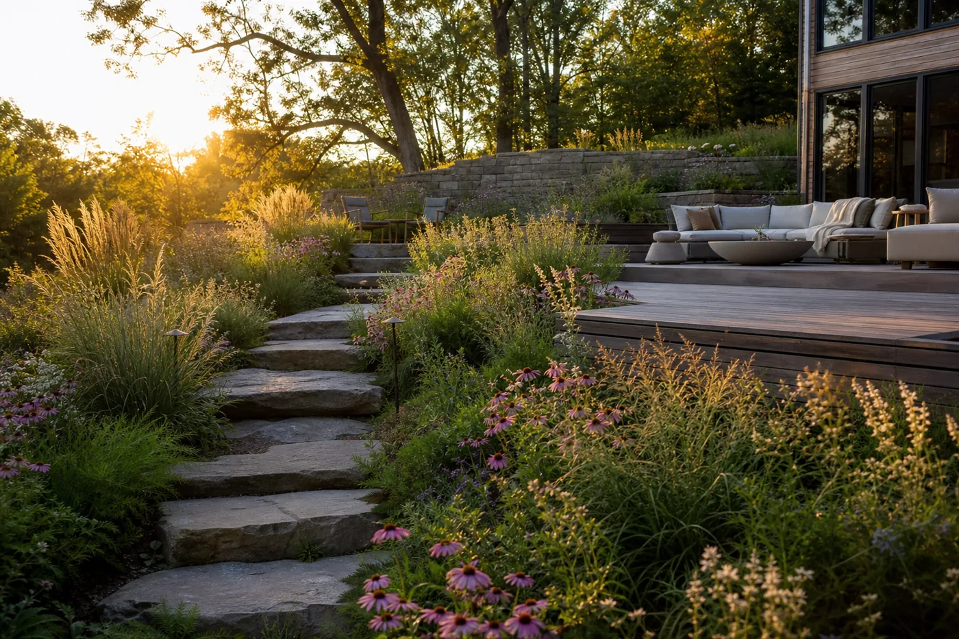 After: stone steps + meadow landscaping photography